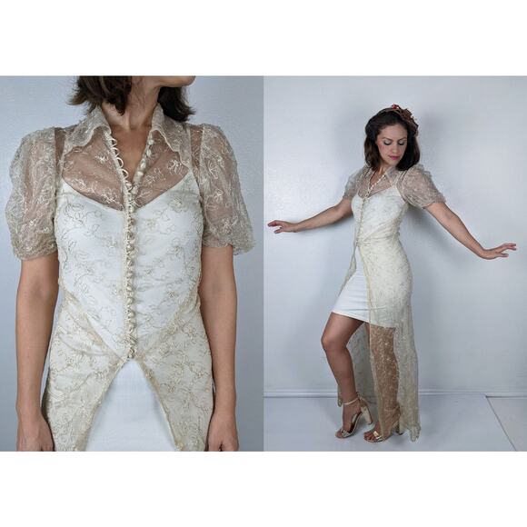 vintage 30s Sheer EMBROIDERED Dagger Collar MAXI DRESS xs/s tea stained 1930s - Picture 1 of 10